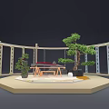 Traditional Chinese Decorative Setup With Wooden Framework Calligraphy Scrolls And Pine Bonsai 3d model