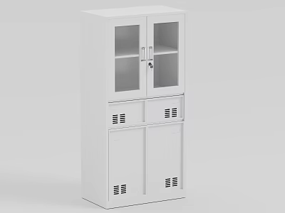 White Metal File Cabinet With Glass Doors And Ventilated Lower Compartments 3d model