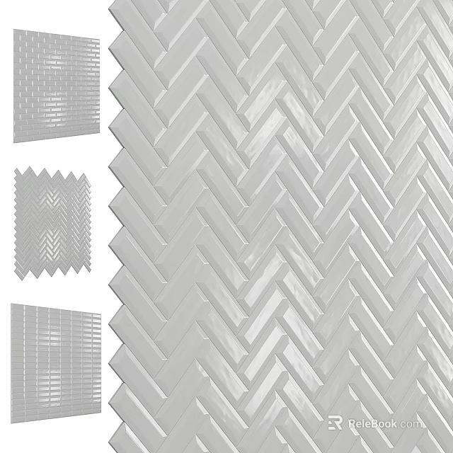 Glossy Light Gray Ceramic Tile Components With Herringbone Vertical And Grid Patterns 3d model 
