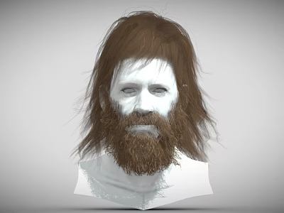 Man 3D Model Featuring Brown Long Hair Beard Gray Background And White Base 3d model
