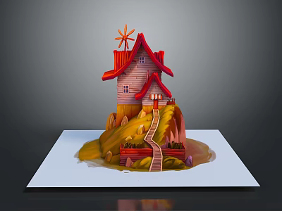 Cartoon Scene With Red Roof House Windmill Small Hill And Staircase 3d model