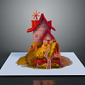 Cartoon Scene With Red Roof House Windmill Small Hill And Staircase