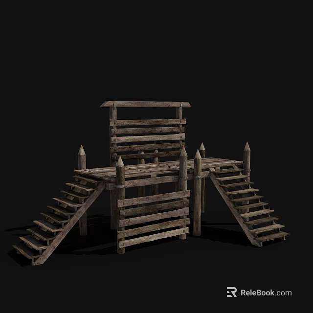 Ancient Wooden Architecture Structure With Stairs And Spiked Platform Design 3d model 