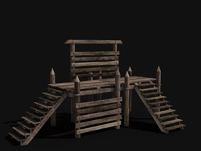 Ancient Wooden Architecture Structure With Stairs And Spiked Platform Design 3d model