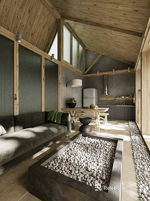 Cozy Rustic Living And Dining Room With Integrated Kitchen And Natural Wood Interior Design 3d model 