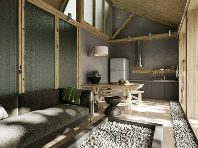 Cozy Rustic Living And Dining Room With Integrated Kitchen And Natural Wood Interior Design 3d model