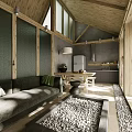 Cozy Rustic Living And Dining Room With Integrated Kitchen And Natural Wood Interior Design