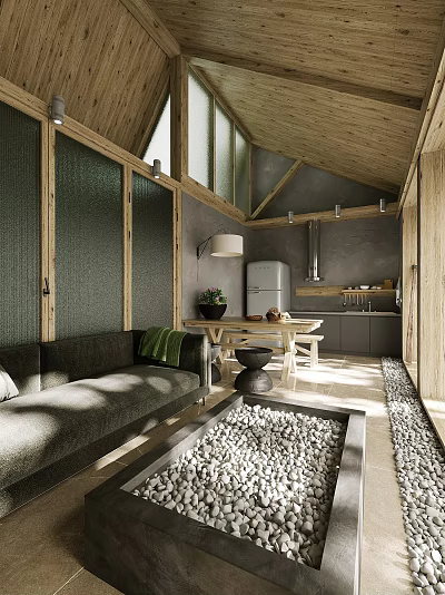 Cozy Rustic Living And Dining Room With Integrated Kitchen And Natural Wood Interior Design 3d model