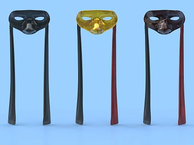 Three Colorful Decorative Masks With Long Ribbons In Black Gold And Red 3d model
