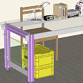 Office Desk With Glass Top Purple Legs Yellow Storage Bins Desk Lamp Books And Documents