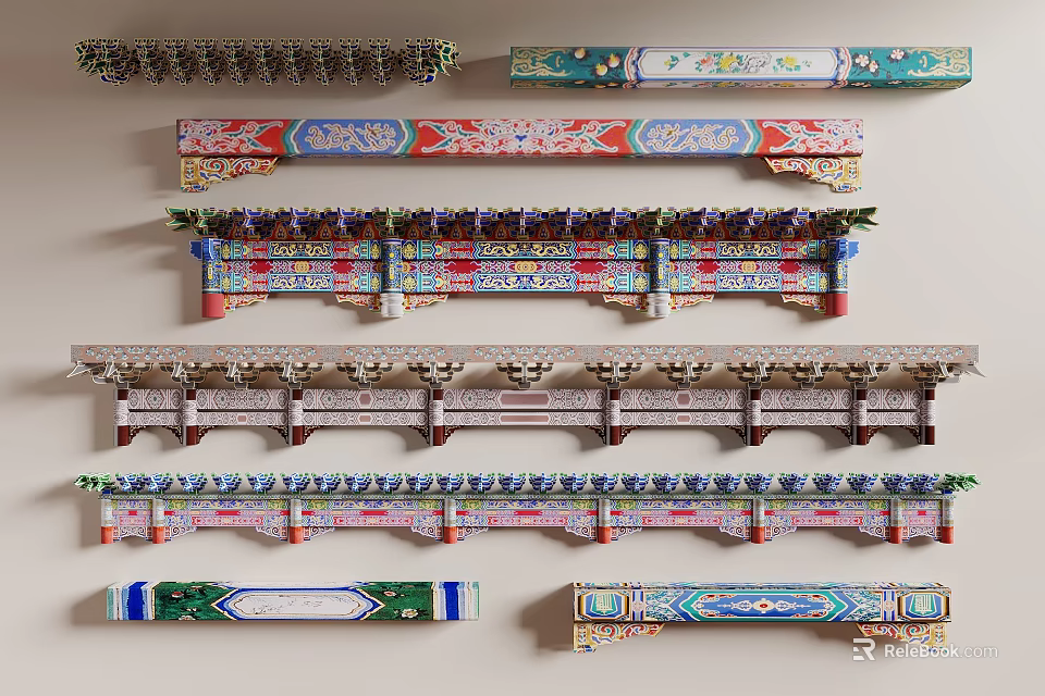 Traditional Chinese Architectural Components with Colorful Ornamental Patterns and Diverse Styles 3d model 