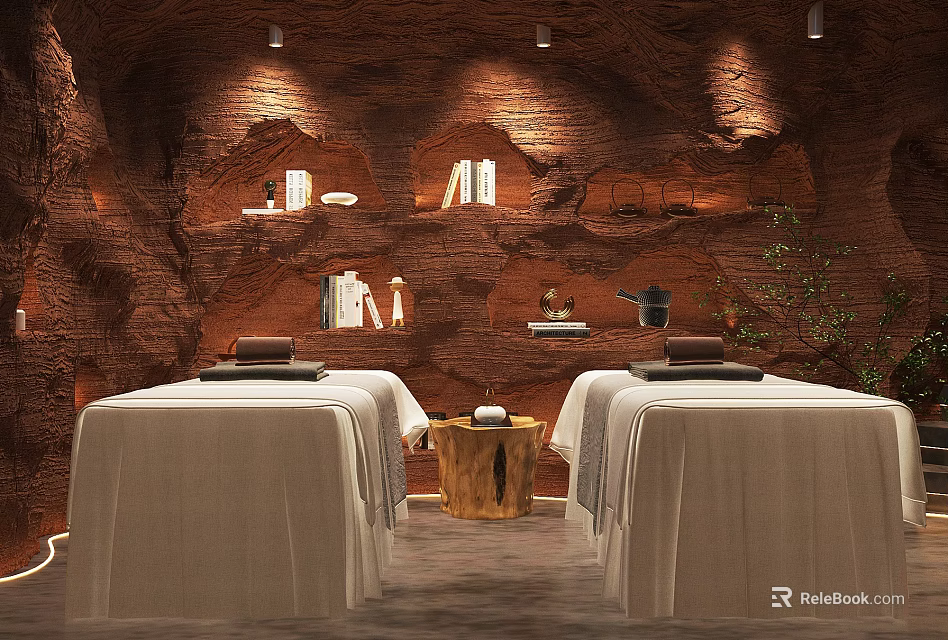 SPA Sauna Interior With Rock Wall Design Massage Beds And Natural Lighting 3d model 