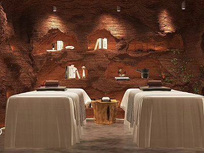 SPA Sauna Interior With Rock Wall Design Massage Beds And Natural Lighting 3d model