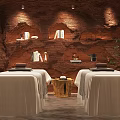 SPA Sauna Interior With Rock Wall Design Massage Beds And Natural Lighting