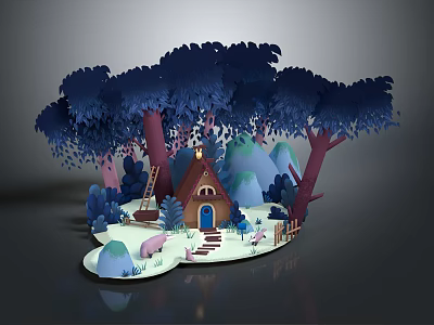 Whimsical Paper Art Forest With Tall Trees Small Cabin Snowy Ground Ladder Fence And Pig 3d model