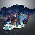 Whimsical Paper Art Forest With Tall Trees Small Cabin Snowy Ground Ladder Fence And Pig