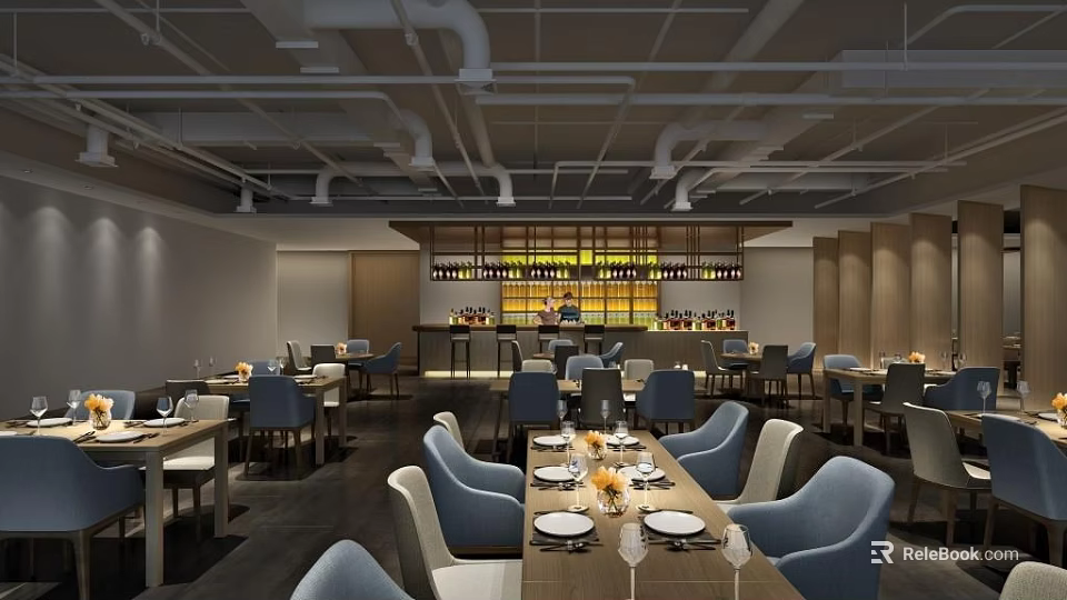 Modern Restaurant Interior With Blue Chairs Wooden Tables Yellow Accent Wall And Ceiling Pipes 3d model 