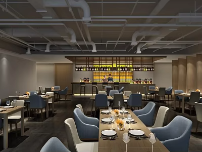 Modern Restaurant Interior With Blue Chairs Wooden Tables Yellow Accent Wall And Ceiling Pipes 3d model