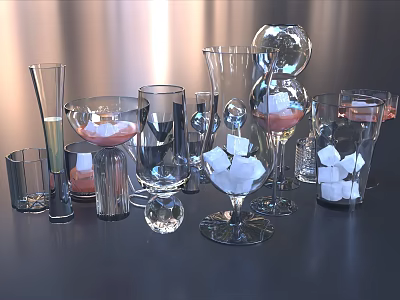 Stylish Glass Dinnerware Set with Various Transparent Cups Bowls and Glasses 3d model