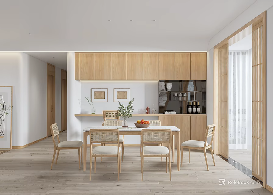 Modern Restaurant Interior With Wooden Dining Table Chairs Wall Art Potted Plants And Natural Light 3d model 