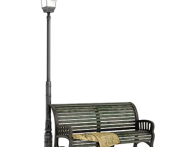 Public Outdoor Street Lamp and Wooden Bench as Essential Road Facilities 3d model