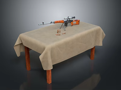 Rifle with orange components on wooden table with beige tablecloth and bullet casings nearby 3d model