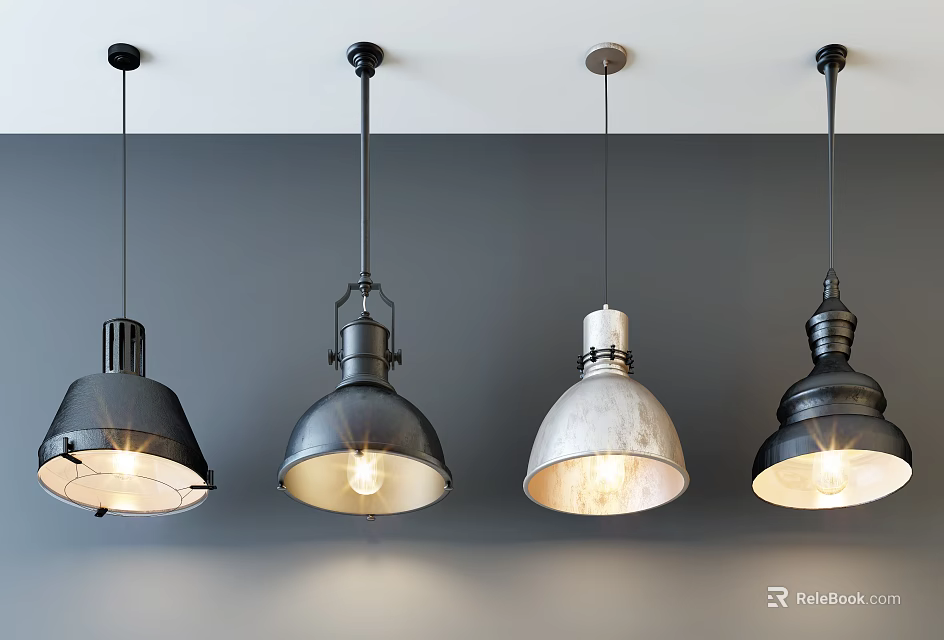Four Industrial Style Pendant Lights With Metallic Shades And Illuminated Bulbs Hanging From Gray Ceiling 3d model 