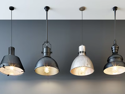 Four Industrial Style Pendant Lights With Metallic Shades And Illuminated Bulbs Hanging From Gray Ceiling 3d model