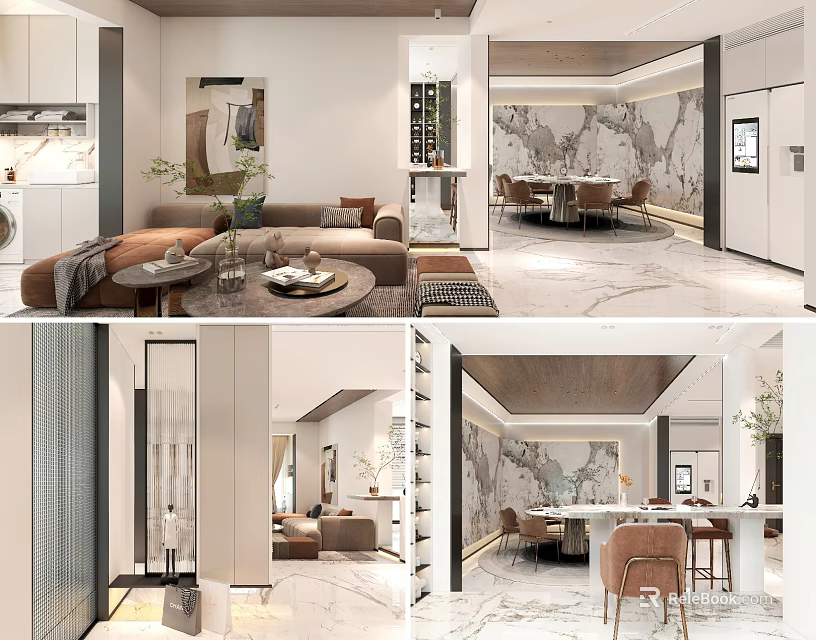 Modern Dining and Living Room Interior With Sofa Coffee Table Dining Table And Marble Wall Decor 3d model 