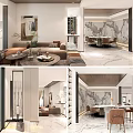 Modern Dining and Living Room Interior With Sofa Coffee Table Dining Table And Marble Wall Decor
