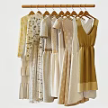 Women's Clothes Hanging on Hangers with Various Styles and Soft Beige Light Yellow Green Tones