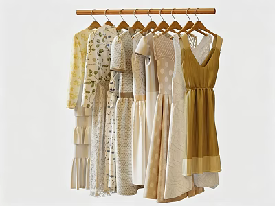 Women's Clothes Hanging on Hangers with Various Styles and Soft Beige Light Yellow Green Tones 3d model
