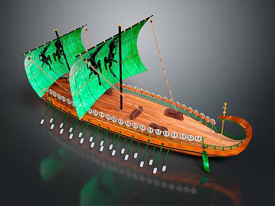 Ancient Wooden Galley Water Vessel With Green Sails Rowing Oars And Curved Bow 3d model