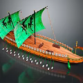 Ancient Wooden Galley Water Vessel With Green Sails Rowing Oars And Curved Bow