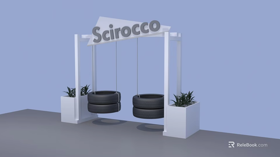 Sirocco Playground Tire Swing Set with White Frame and Potted Green Plants 3d model 