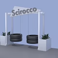 Sirocco Playground Tire Swing Set with White Frame and Potted Green Plants