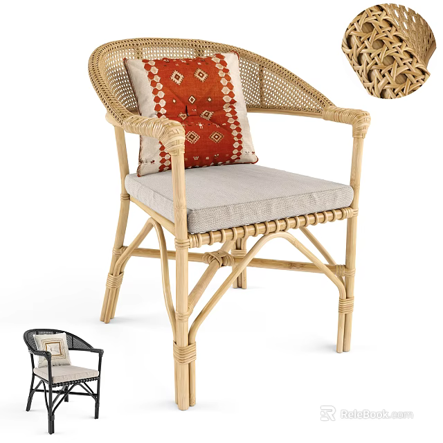 Stylish Natural Rattan Armchair With Red Geometric Cushion And Woven Accents 3d model 