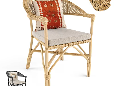 Stylish Natural Rattan Armchair With Red Geometric Cushion And Woven Accents 3d model