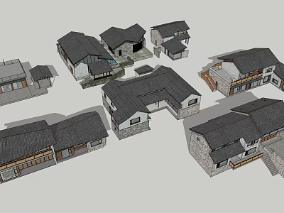 Traditional Chinese Architecture House Models With Black Tiled Roofs And Wooden Stone Structures 3d model