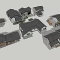 Traditional Chinese Architecture House Models With Black Tiled Roofs And Wooden Stone Structures