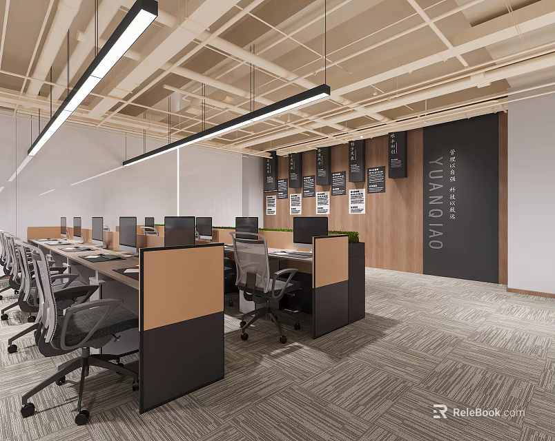 Modern Public Office Space Interior With Desks Computer Monitors Office Chairs Partitions And Pendant Lights 3d model 