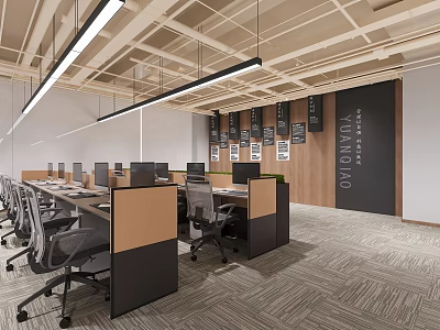 Modern Public Office Space Interior With Desks Computer Monitors Office Chairs Partitions And Pendant Lights 3d model