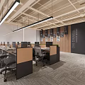 Modern Public Office Space Interior With Desks Computer Monitors Office Chairs Partitions And Pendant Lights