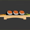 Fresh Assorted Salmon Sushi Served On Wooden Platter With Vegetable Sides