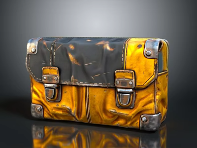 Vintage Yellow And Black Leather Bag With Metal Buckles And Worn Texture 3d model