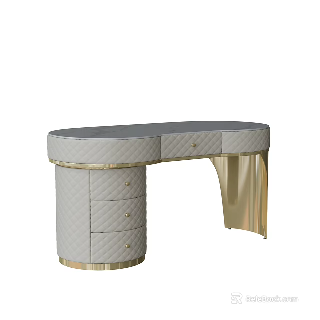Elegant Modern Light Gray Desk With Gold Accents Curved Top And Drawers 3d model 