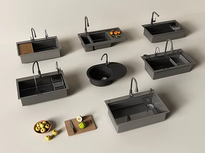 Assorted Dark Gray Kitchen Sinks With Faucets Cutting Boards and Fresh Fruits 3d model