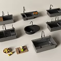 Assorted Dark Gray Kitchen Sinks With Faucets Cutting Boards and Fresh Fruits