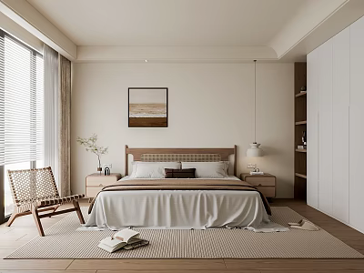 Modern Minimalist Bedroom Interior Design With Wooden Headboard Bed Wicker Chair And Cozy Rug 3d model