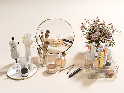 Elegant Perfume And Cosmetics Display With Makeup Brushes Mirror And Flowers 3d model